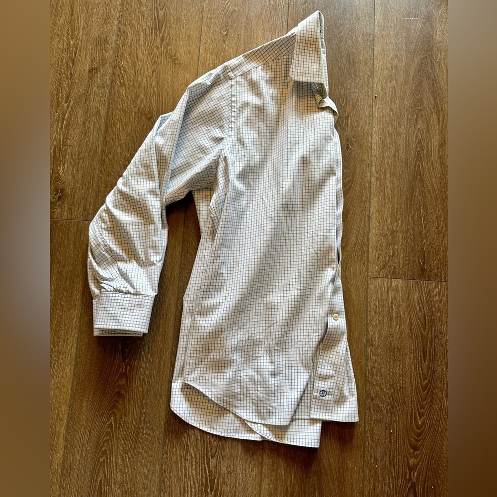 David Donahue White with Green & Blue Striped Long Sleeve Dress Shirt